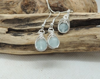 Aquamarine Pendant and Earrings, Handwoven in Silver Plate Wire - Grade AAA+