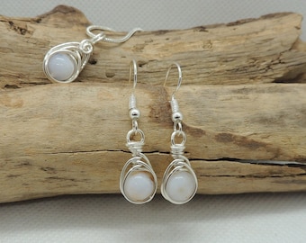 Natural White Opal Pendant and Earrings - Grade AAA, Handwoven into Silver Plated Wire