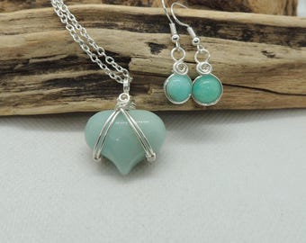 Amazonite Puff Heart Pendant and earrings, Handwoven into Silver Plated Wire