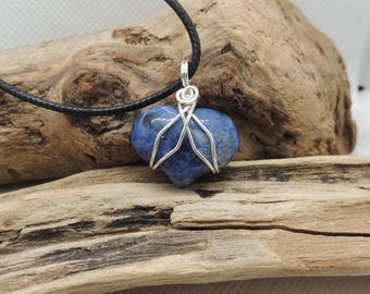 Sodalite Puff Heart Pendant, Handwoven in Silver Plated Wire