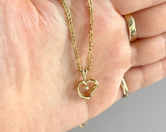 14k vintage heart charm, gold heart charm, gold heart pendant, gold heart with diamond pendant, heart and diamond pendant, diamond and heart