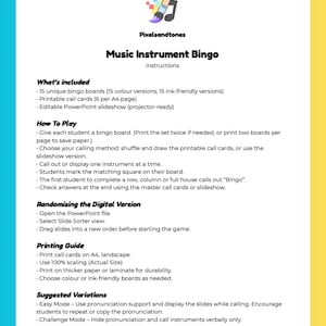 May include: A colorful educational resource titled "Music Instrument Bingo" with instructions. Includes 15 unique bingo boards, printable call cards, and a PowerPoint slideshow. The game is designed for classroom use, with variations for different learning styles.