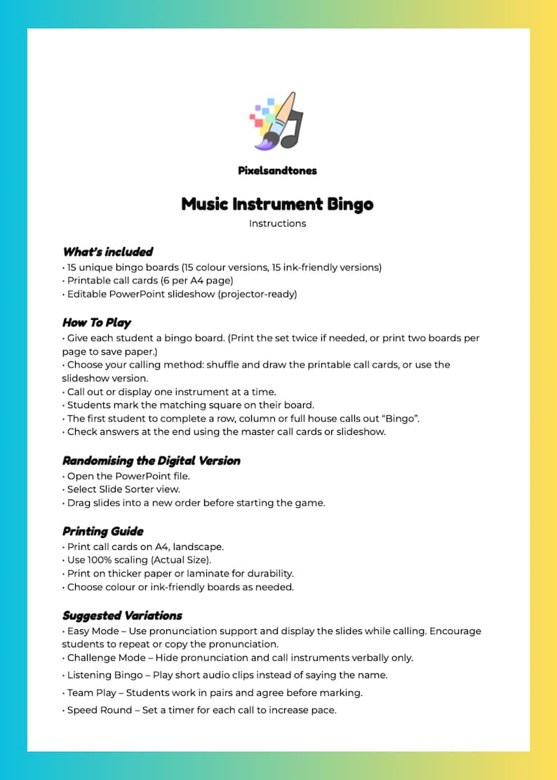 May include: A colorful educational resource titled "Music Instrument Bingo" with instructions. Includes 15 unique bingo boards, printable call cards, and a PowerPoint slideshow. The game is designed for classroom use, with variations for different learning styles.