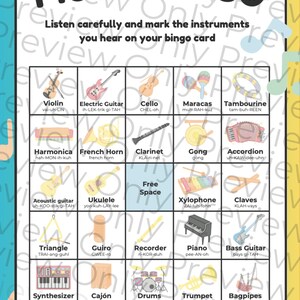 May include: A colorful "Music Bingo" game card featuring illustrations of musical instruments like a violin, electric guitar, and piano. The card includes the text "Listen carefully and mark the instruments you hear on your bingo card."