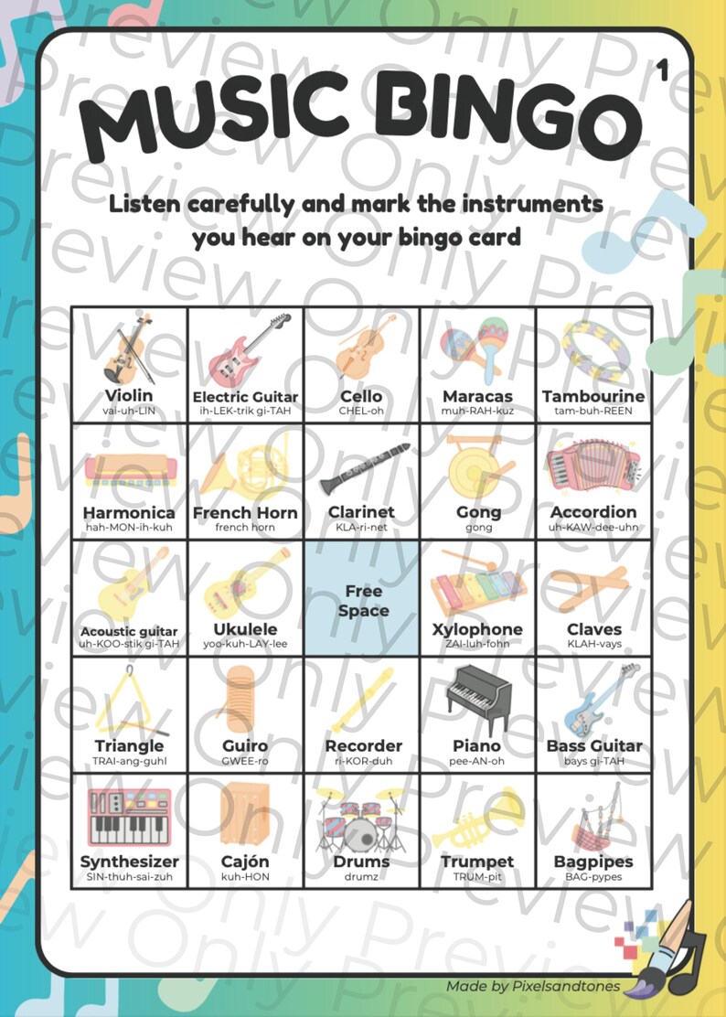 May include: A colorful "Music Bingo" game card featuring illustrations of musical instruments like a violin, electric guitar, and piano. The card includes the text "Listen carefully and mark the instruments you hear on your bingo card."