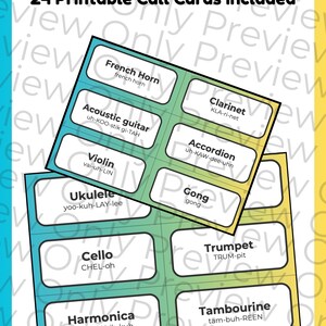 May include: Two sets of printable call cards with musical instrument names and phonetic pronunciations. Instruments include French horn, acoustic guitar, violin, ukulele, cello, harmonica, clarinet, accordion, gong, trumpet, and tambourine.