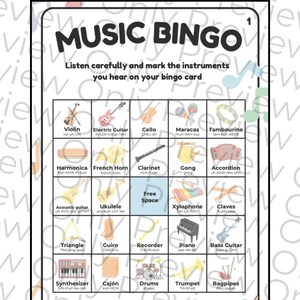 May include: A black and white Music Bingo card with various musical instruments, including a violin, electric guitar, and piano. The card has a "Print-Friendly Version Included" label at the top and the text "Music Bingo" in large letters.