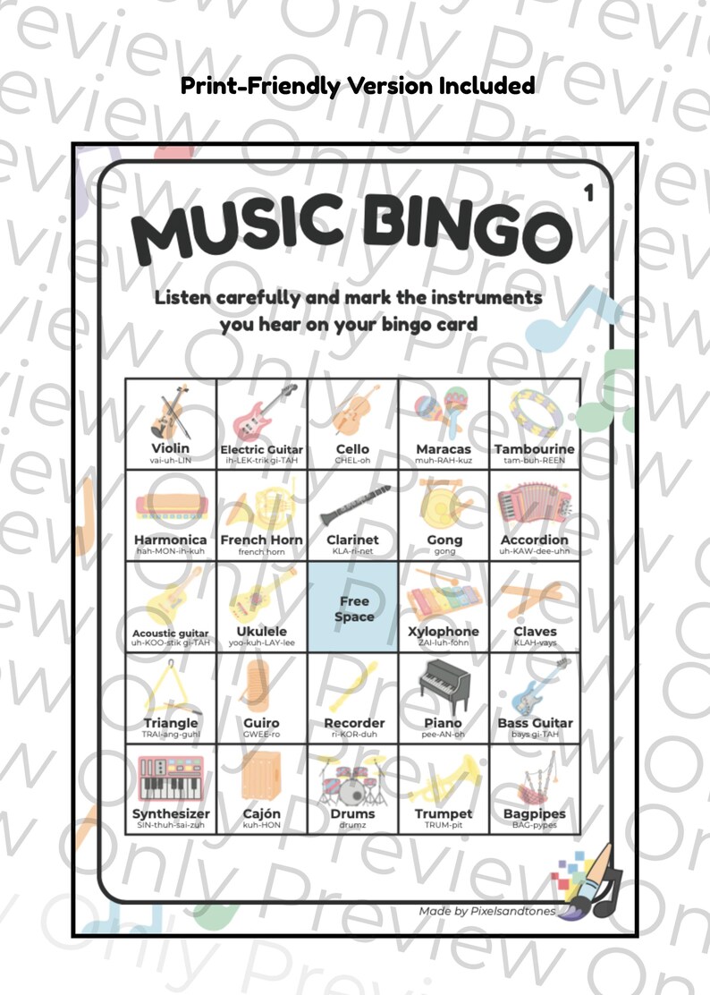May include: A black and white Music Bingo card with various musical instruments, including a violin, electric guitar, and piano. The card has a "Print-Friendly Version Included" label at the top and the text "Music Bingo" in large letters.