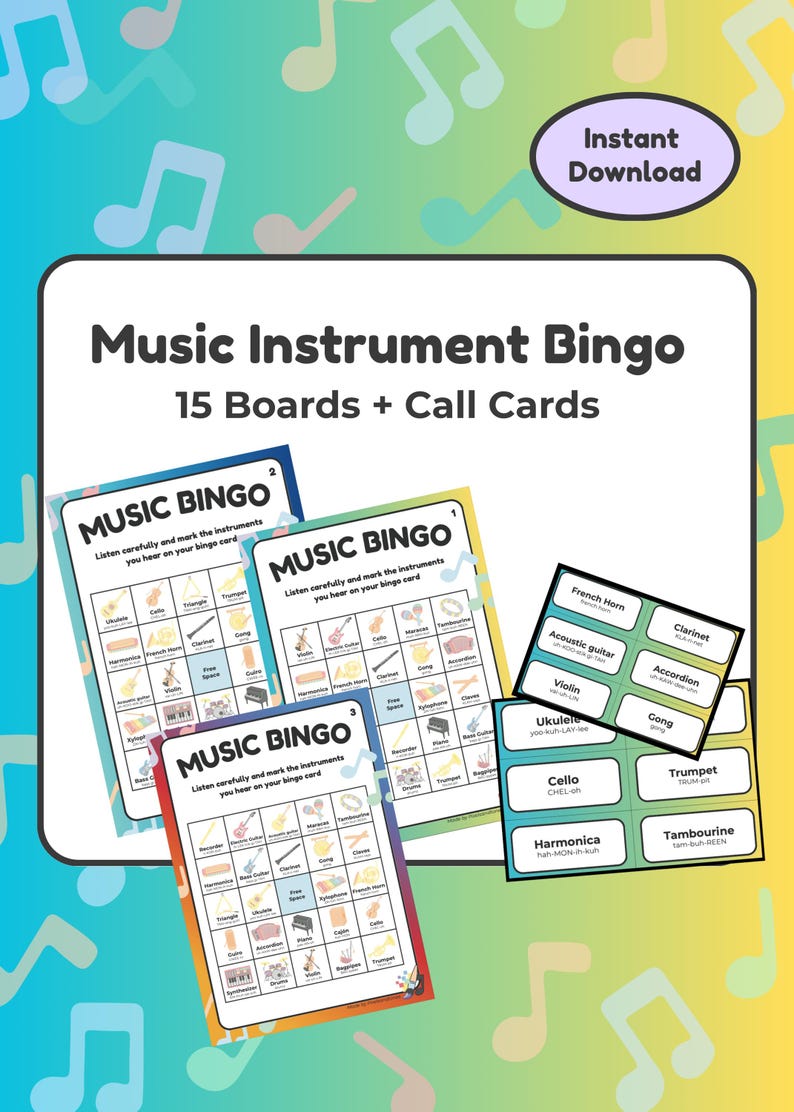 May include: Music Instrument Bingo game with 15 boards and call cards. The game features colorful bingo cards with musical instruments, and a set of call cards. The words "Music Bingo" and "Instant Download" are visible.
