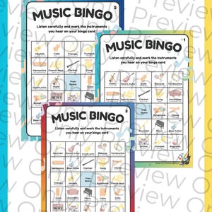 May include: Three Music Bingo game cards with different instrument illustrations. Each card has a grid of musical instruments like the violin, trumpet, and drums. The text on the cards reads "Music Bingo" and "Listen carefully and mark the instruments you hear on your bingo card."