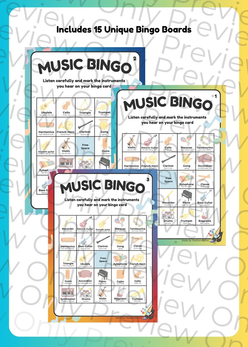 May include: Three Music Bingo game cards with different instrument illustrations. Each card has a grid of musical instruments like the violin, trumpet, and drums. The text on the cards reads "Music Bingo" and "Listen carefully and mark the instruments you hear on your bingo card."