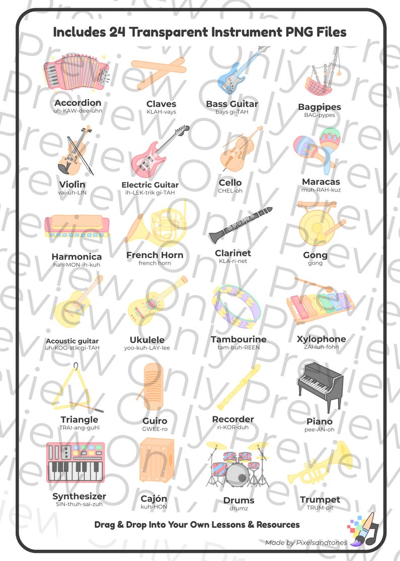 Labled Instruments Music Instrument PNG Clipart Bundle | 24 Transparent Images for Lessons ...