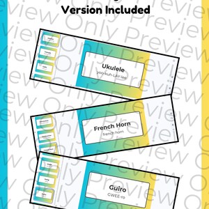 May include: Educational presentation slides featuring musical instruments: Ukulele, French Horn, and Guiro. Each slide has the instrument's name and pronunciation guide. The background is a gradient of blue, yellow, and white.