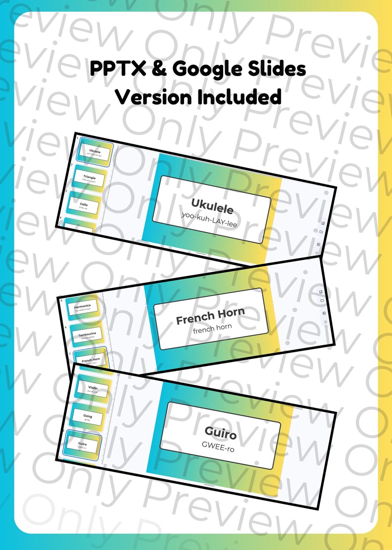May include: Educational presentation slides featuring musical instruments: Ukulele, French Horn, and Guiro. Each slide has the instrument's name and pronunciation guide. The background is a gradient of blue, yellow, and white.