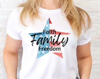 4th of July Shirt, | USA Flag Shirt | USA Shirt | Forth of July | July 4th T | Independence Day T | Patriotic Shirt | Faith Family Freedom