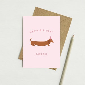 Pink Sausage Birthday Card // Sausage Dog // Happy Birthday // Birthday Hat // Birthday Card // Dachshund Card // Dog Lovers // Dog Gifts //