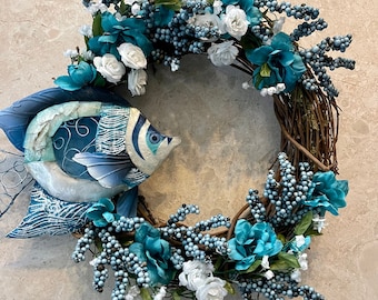 Aqua/blue/turquoise  Fish Wreath, Sea Wreath, Ocean Wreath, Beach Wreath, Coastal