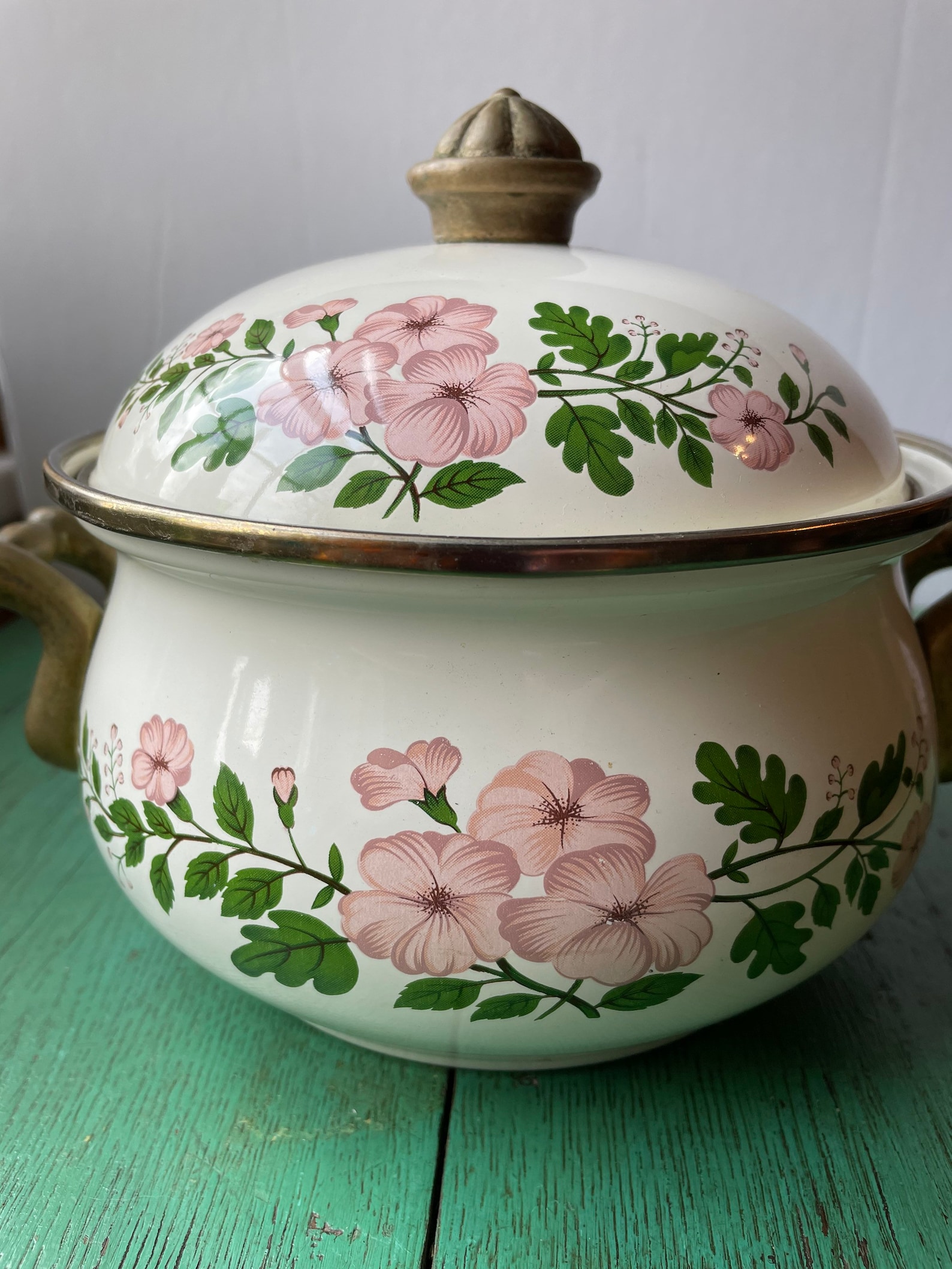 Vintage Enamel & Brass Floral Pot Etsy