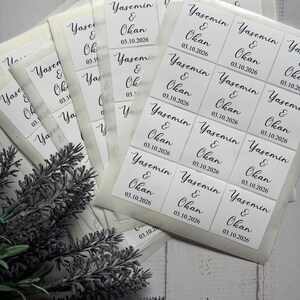 Custom wedding favor stickers, minimal design