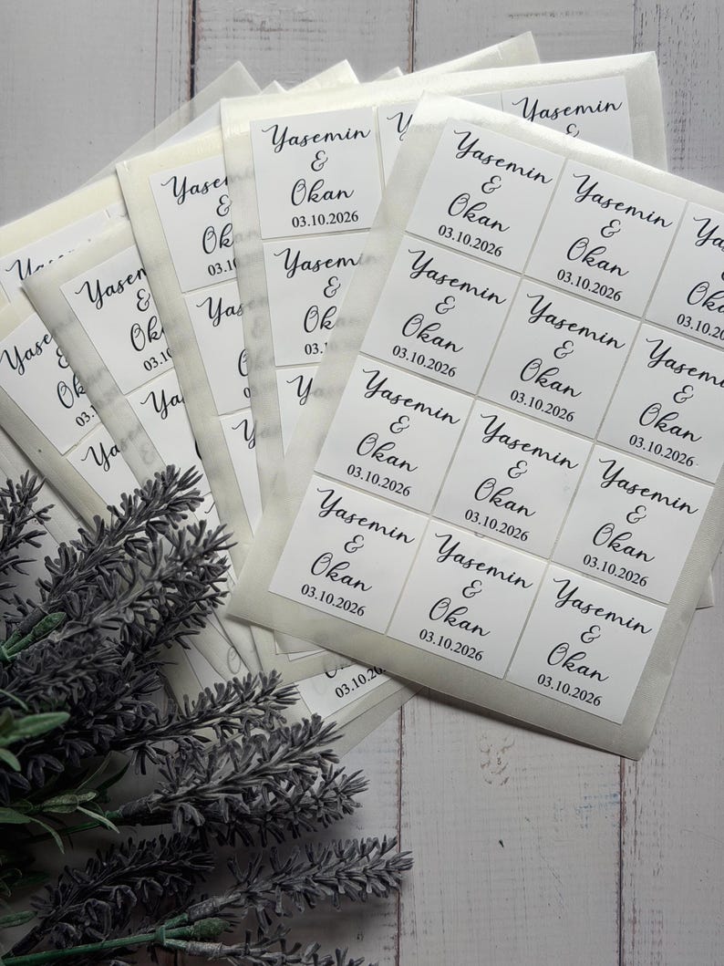 Custom wedding favor stickers, minimal design