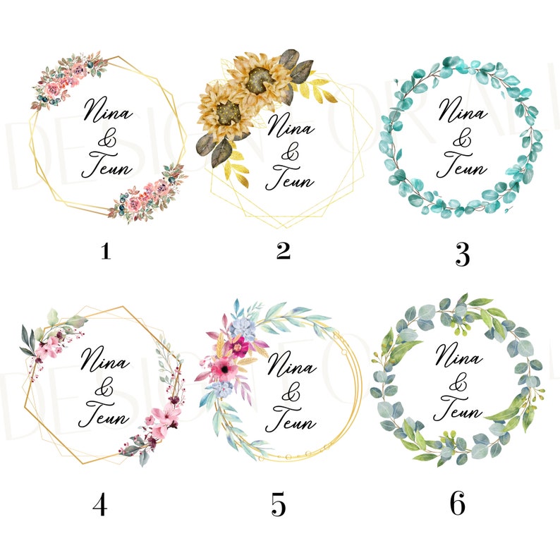 May include: Six wedding invitation designs featuring floral and botanical elements. Each design includes the names "Nina & Teun" in elegant script. The designs include gold geometric frames and wreaths with flowers and leaves.