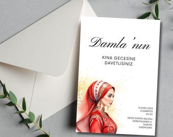 Henna Night Invitation, Muslim Bride, Kına Gecesi Davetiye, 10,5 x 14,8cm, Editable in Canva,