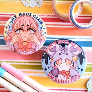 Cry Baby Club Button Set // 2.25 inches, Kawaii, Cute, Bear, Anime Girl, Sensitive, Funny, Accessory, Animal, Girly, Girlie, Pastel, Gift