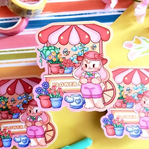 Florist Bunny // 3inch, Waterproof, Flower Cart, Rabbit, Kawaii Sticker, Garden, Bouquet, Plant Lover, Fairycore, Cute, Christmas Gift, Deco