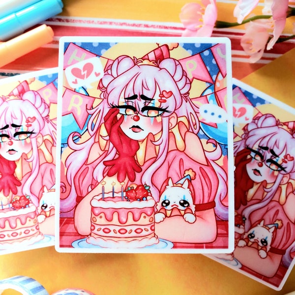 Pity Party Large Clown Sticker // Water-Resistant, Clown Girl, Clown Cat, Birthday Party, Pastel Pink, Journaling, Kawaii Artwork, Anime