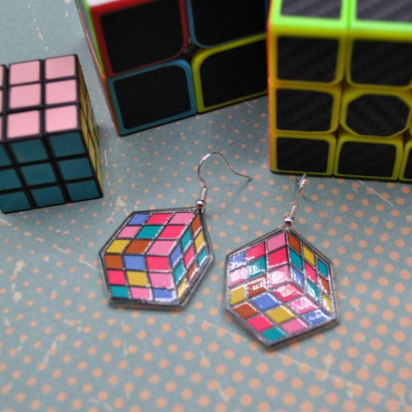 Boucles d'oreilles Rubik's cube, bijoux rétro, années 80