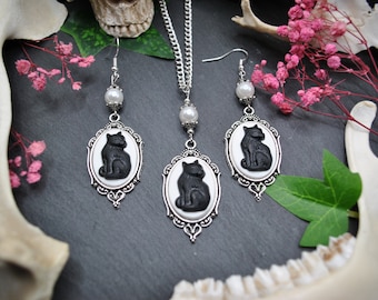 Conjunto de joyas cameo con gato negro, opcionalmente aretes, collar o conjunto, joyería gótica