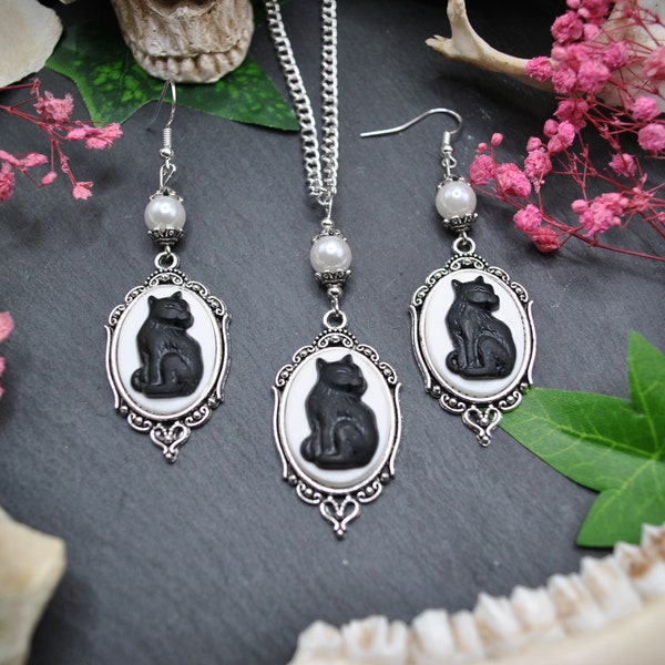 Cameo Schmuckset mit schwarzer Katze, wahlweise Ohrringe, Kette oder Set, Gothic Schmuck