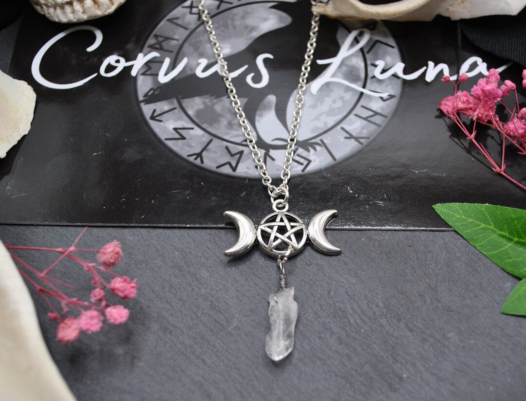 Moon Asf Moon Phase Necklace With White Rock Crystal Pendant and Pentagram ...