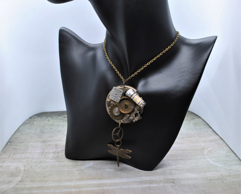 Upcycling steampunk necklace dragonfly watchmaker elements dial gears