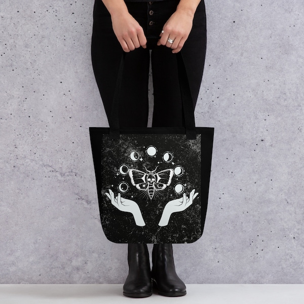 Gothic Shopping Tasche, großer Stoffbeutel mit Goth Motiv, Mondphase und Totenkopfmotte