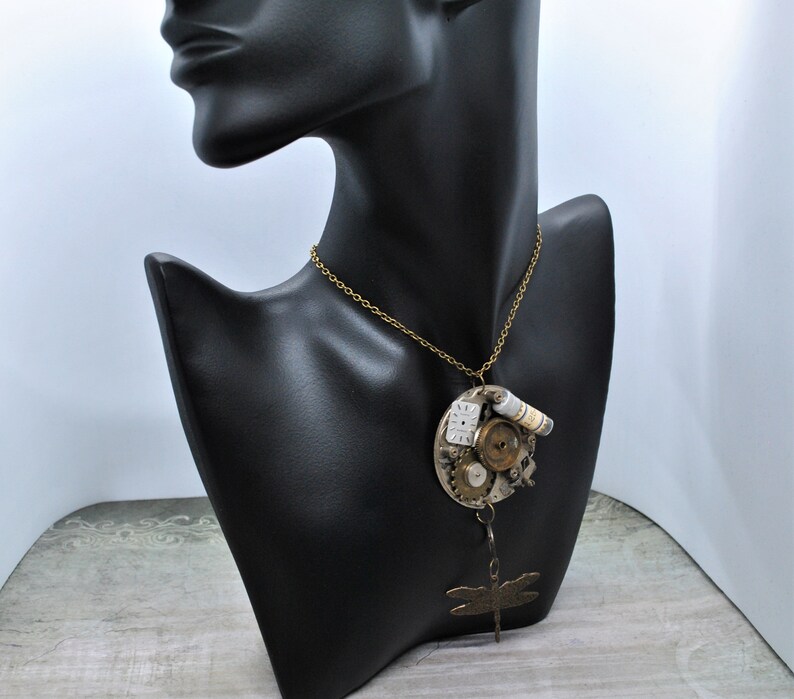 Upcycling steampunk necklace dragonfly watchmaker elements dial gears