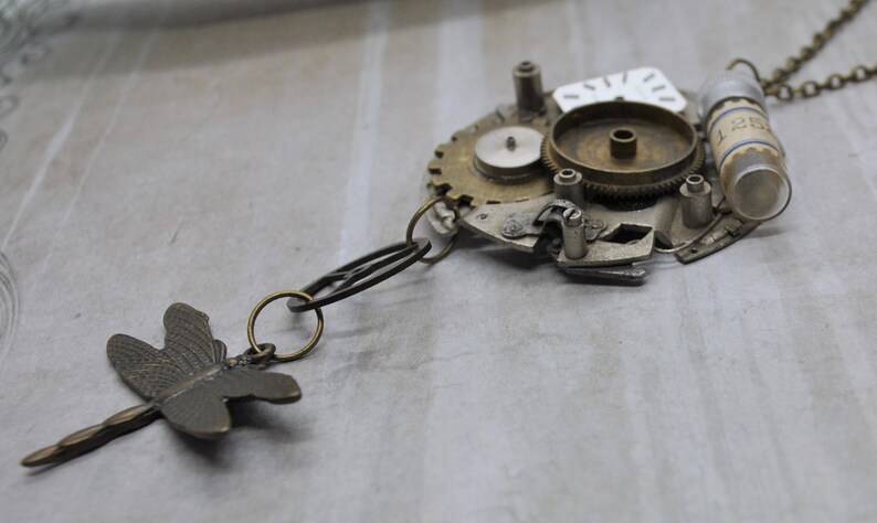 Upcycling steampunk necklace dragonfly watchmaker elements dial gears