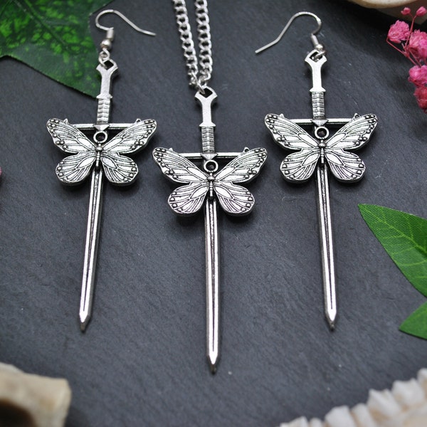 Schwert Schmuckset, wahlweise Ohrringe, Kette oder Set, Gothic Schmuck, Schwert mit Schmetterling