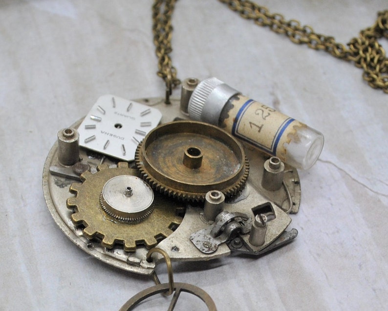 Upcycling steampunk necklace dragonfly watchmaker elements dial gears
