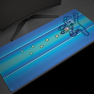 May include: A blue and green pixelated video game character, Mega Man, is running on a blue and white striped background. The character is shooting a blue energy blast.