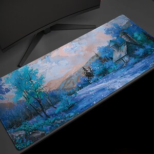 May include: A blue and white watercolor painting of a snowy landscape with a small house in the distance. The painting is on a mouse pad.