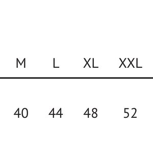 May include: Size chart showing chest measurements in inches for different sizes, from XS to 5XL.