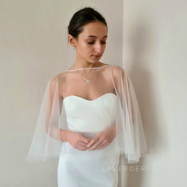 MARIE | Sheer short bridal cape. Plain tulle bridal capelet. Wedding dress topper. Ceremony shoulder cover up