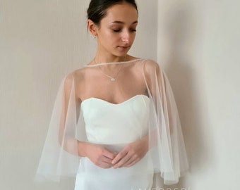 MARIE | Sheer short bridal cape. Plain tulle bridal capelet. Wedding dress topper. Ceremony shoulder cover up