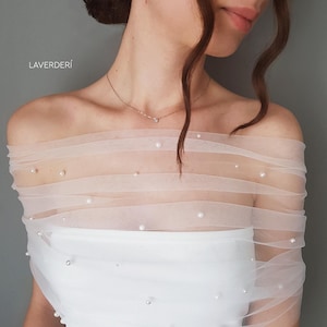 CELINE | Off the shoulder wedding shawl with pearls. Bridal wrap with Swarovski pearls. Wedding dress topper. Sheer tulle bridal cover up
