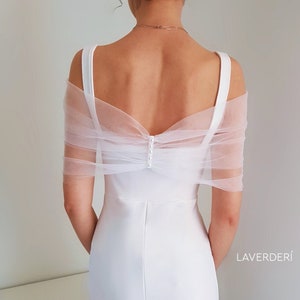 ANNE | Off the shoulder bridal wrap. Tulle wedding shawl. Plain bridal dress topper. Semi-sheer wedding cape. Ceremony shoulder cover up