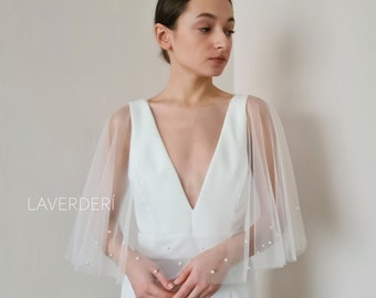 AUDREY | Gatsby style bridal cape. Retro style bridal cape. Short wedding capelet with Swarovski pearls. '20s style bridal cape