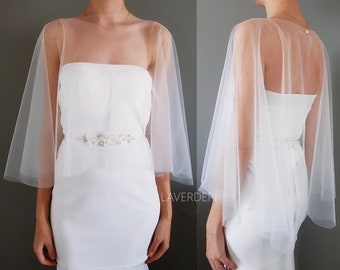 ANNE | Plain bridal cape. Short wedding dress capelet. Sheer tulle bridal dress topper