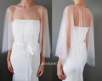 Sheer plain bridal cape | Short bridal dress topper | Wedding dress topper | Plain tulle bridal capelet | Bridal dress cover up | | •ANNE•