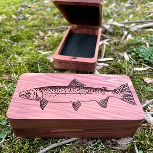 Fly Box Clam Shell Red Cedar Steelhead Trout Engraved Custom Handcrafted in USA - Perfect Gift (Bachelor Bachelorette) for Fishing Lovers